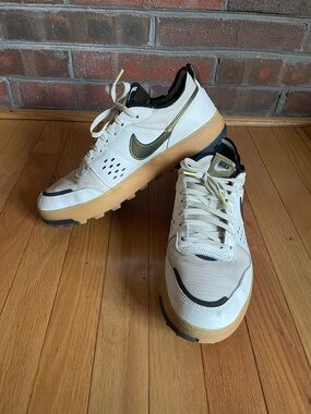 Nike Men's White Sneakers with Olive Swoosh and Gum Sole